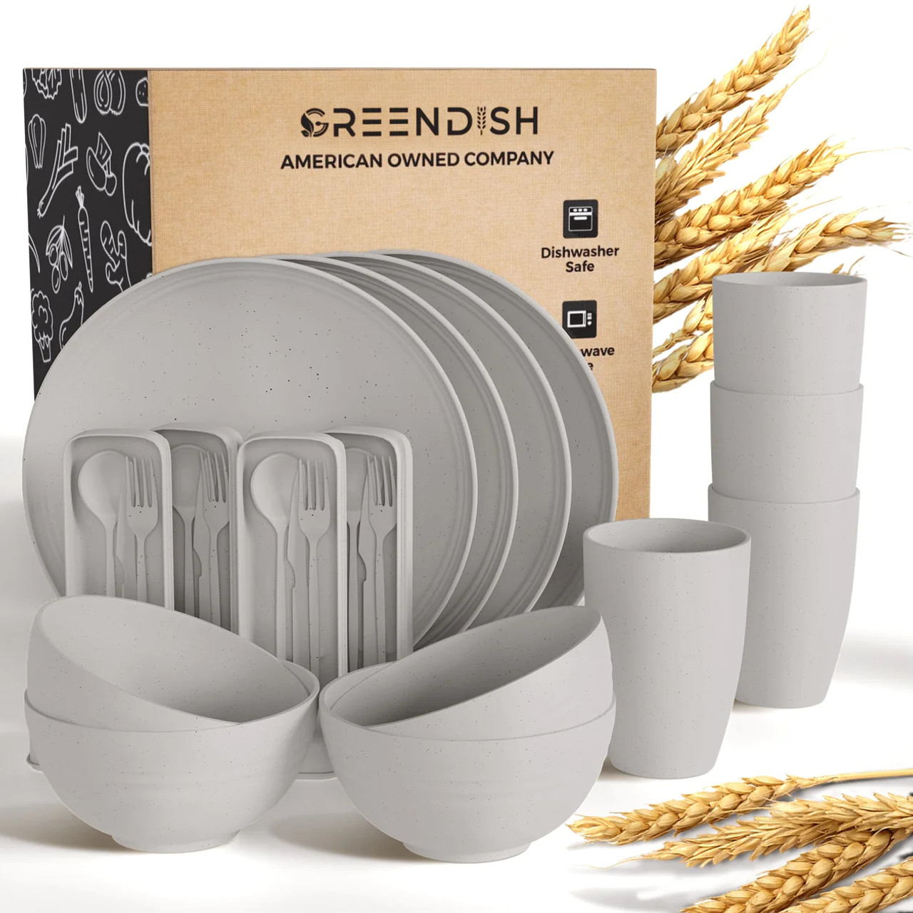 A full set of gray bowls, cups, plates, and cutlery.